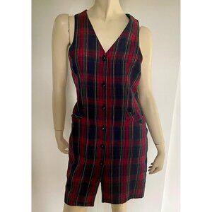 90s Short Plaid Dress, Size 5/6, Sleeveless Red Plaid Dress, Plaid Pinafore